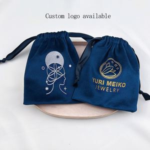 Pochette à bijoux en velours épais bleu foncé avec cordon de serrage, sac cadeau en velours doux de luxe pour collier, bracelet, emballage, logo personnalisé accepté - Product Image 4