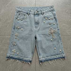 Hot Supplier Custom Luxury Rhinestone Denim Shorts Unisex Handmade Beaded Streetwear Vintage Acid Wash Shorts Wholesale TKAN834 - Product Image 1