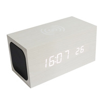Qi desktop pengisian nirkabel reloj despertador suhu lampu LED kontrol suara kayu multi-fungsi jam alarm speaker
