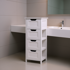 ตู้เก็บของในห้องน้ำแบบตั้งพื้นสีขาว พร้อมลิ้นชัก 4 ช่องและชั้นวางของ ดีไซน์ร่วมสมัยทรงสี่เหลี่ยมทำจากไม้ - Product Image 2