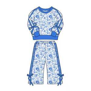 Ensembles de vêtements en laine peignée 2 pièces pour petites filles, personnalisés, décontractés, à imprimé floral rose, avec chemise à nœuds et pantalon, vente en gros, ensembles pour sœurs - Product Image 4