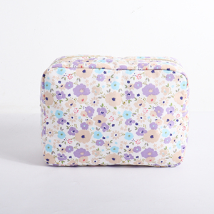 Grande Trousse de Maquillage de Voyage Personnalisée en Coton Écologique pour Femmes, avec Fermeture Éclair et Intérieur à Motif Treillis Violet, pour Cosmétiques et Fleurs - Product Image 2