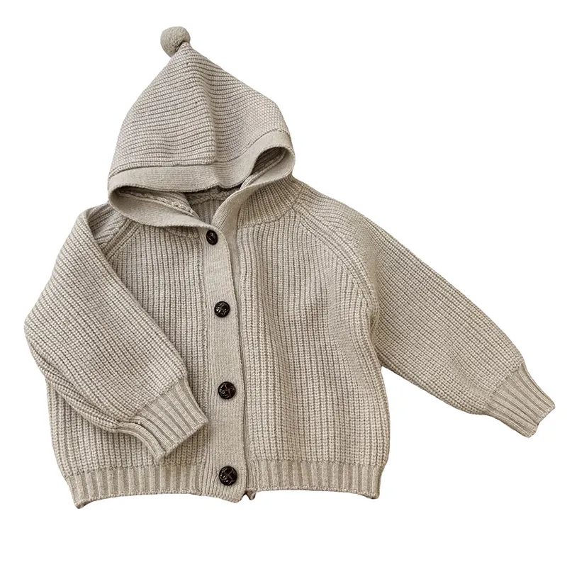 High Quality Single Breasted Hooded Solid Color Cardigan Jacket Knitted-baby-sweater Kids Chunky Knit Sweater And Cardigans