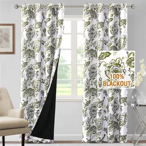 100% Blackout Curtains Paisley Floral Printed Curtains & Drapes Thermal Window Curtain with Black Liner for Bedroom
