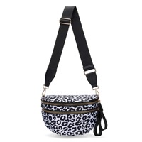 Nouveau sac bandoulière imprimé léopard avec large sangle, sac à bandoulière, sac banane grande capacité, sac banane élégant avec chaîne en acrylique