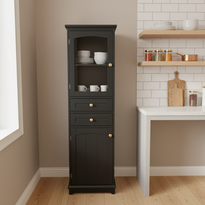 Aparador Alto Moderno de Madera Negra con 2 Cajones, 2 Puertas de Vidrio y 2 Estantes, Mueble de Almacenamiento Grande para Cocina, Vitrina de Madera para Comedor - Product Image 1