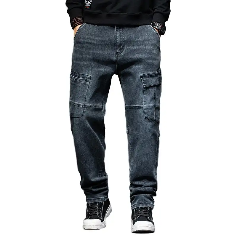 Jeans cargo pour homme, multi-poches, pantalon de travail bleu ample en denim pour homme, grande taille