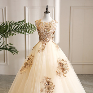 Champagne Long Tulle Skirt With 3D Floral Embroidery For Stage Performance Women Adult Size - Product Image 2