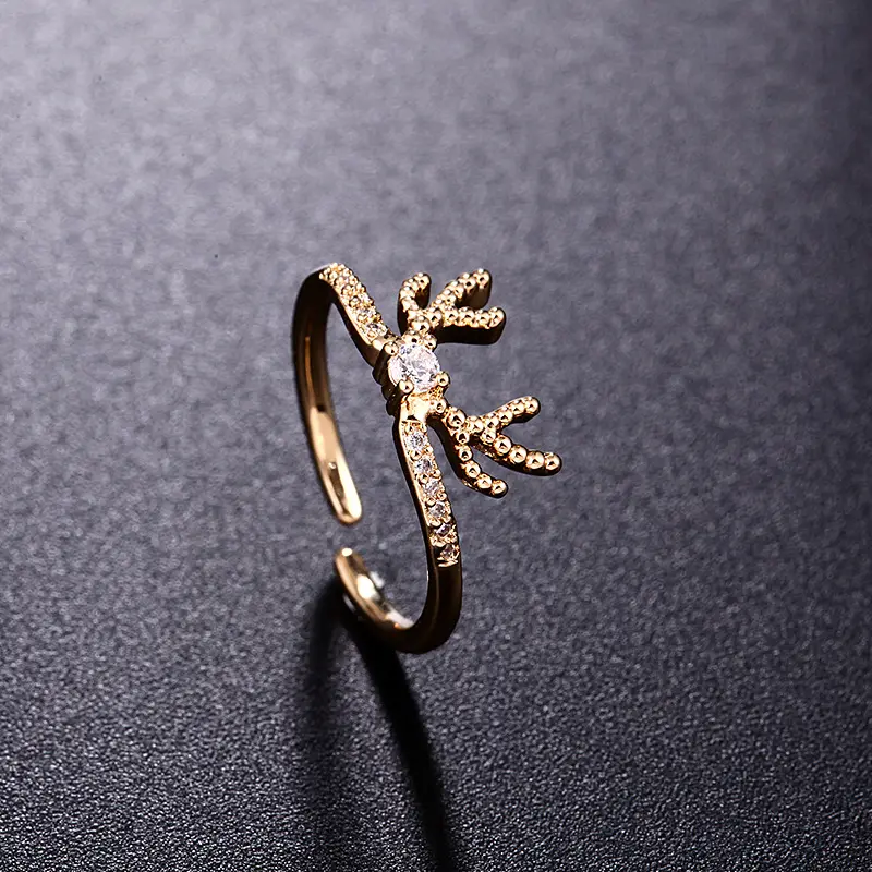 2021 Newest Fashionable 18K Gold Plated CZ Deer Horn Finger Ring Colorful Cubic Zirconia Antler Open Finger Ring