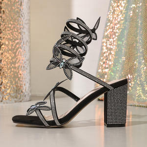 SHIKOL Schmetterling Strass Heels Schuhe für Frauen Heel Embellis hed Coiled Square Toe Thick Heels Schwarz Pink Prom Abend party - Product Image 3