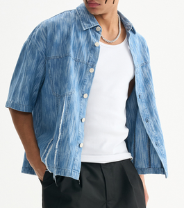 <span class=keywords><strong>Camisa</strong></span> de mezclilla de poliéster de <span class=keywords><strong>manga</strong></span> <span class=keywords><strong>corta</strong></span> para <span class=keywords><strong>hombre</strong></span>, lavada y desgastada, unisex, de marca, a la moda, con cuello vuelto, informal de verano, que absorbe la humedad. - Product Image 5