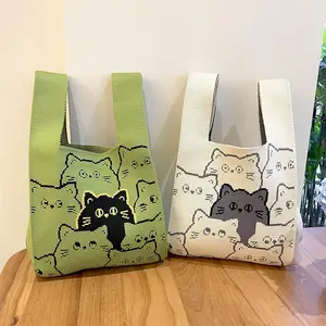 Korean Style Cute Cat Versatile Knitted Girl's Shoulder Custom Tote Bag Handbag For Women Casual Tote With Open Closure Type