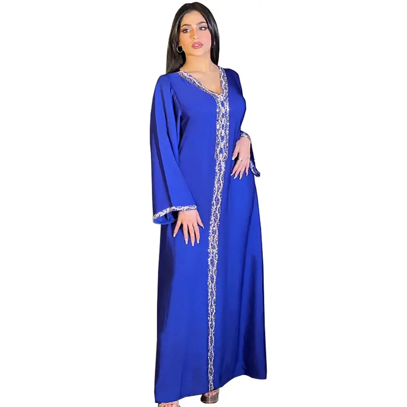 ready to ship wholesale Dubai Muslim women blue V neck long sleeve Arab Rhinestones Middle East flowy Maxi Long Dress
