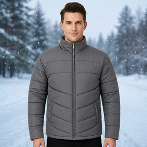Men's Grey Quilted Puffer Jacket Stand Collar Zipper Closure Windproof Polyester Winter Casual <b>Coat</b> - Product Image 5