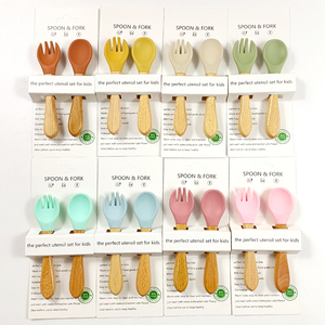 Juego de Cuchara y Tenedor de Silicona para Bebés, Sin BPA, con Mango de Madera, Resistente al Calor, para la Alimentación Independiente - Product Image 3