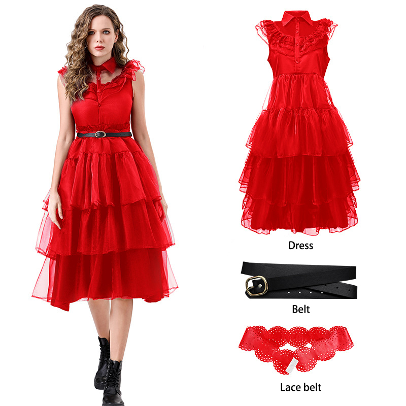 Cintura in pizzo con cintura rossa a pois