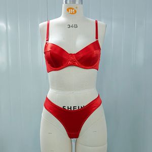 프렌치 새틴 브라 란제리 세트 여성 섹시 란제리 새틴 원단 단색 브라 세트 푸쉬업 속옷 심플 여성 투피스 세트 - Product Image 3