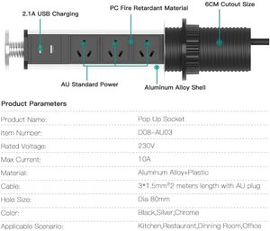 Au Ổ cắm điện <span class=keywords><strong>Pop</strong></span> Up Power Point 3 ổ cắm cắm + 2 USB bảng Nhà Bếp bàn Outlet/60mm tay kéo lên điện tháp ổ cắm - Product Image 6