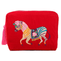 Pochette de voyage brodée pour pinceaux de maquillage, avec pompons, fermeture éclair, motif zèbre, en velours, sac de toilette pour poudre