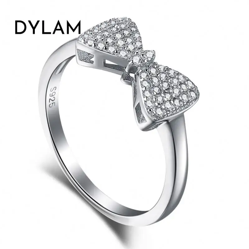 Dylam Factory Direct Supply Cute Bow Knot Round Cz Diamond Engagement Ring Daily Jewelry Wear Silver 925 Rings for Women