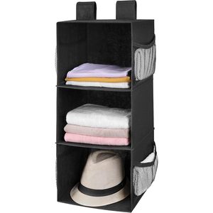 Organisateur de placard suspendu à 3 étagères, pliable avec poches en filet pour le rangement des vêtements, utilisation en chambre à coucher, noir, 33x15x85cm - Product Image 1