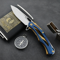 Cuchillo Plegable de Acero D2 Premium con Hoja Esqueletizada y Mango de Acero Inoxidable, Bicolor Azul y Dorado, 230mm 242g, DIY OEM, Punta de Gota