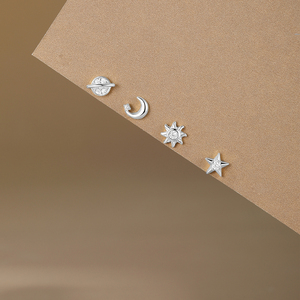 Nouvelles boucles d'oreilles clous en argent S925 plaqué or, motif étoile et lune, zircon, pour usage quotidien, lot de 4, très vendues - Product Image 6