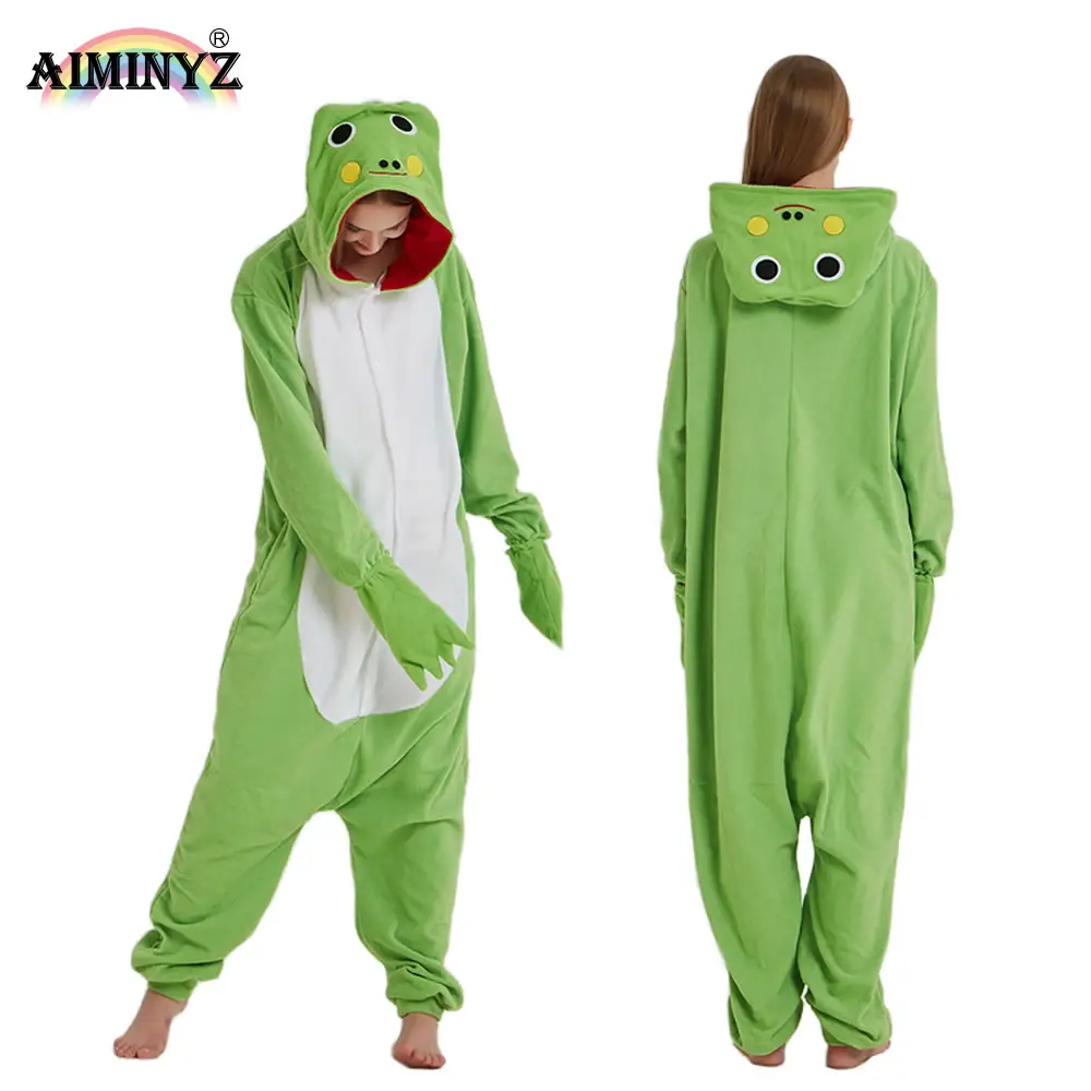 AIMINYZ Hot Winter Animal Cartoon Night Cloth Polar Fleece flanella Sleepwear pigiama rana verde felpa con cappuccio adulto sciolto tutina