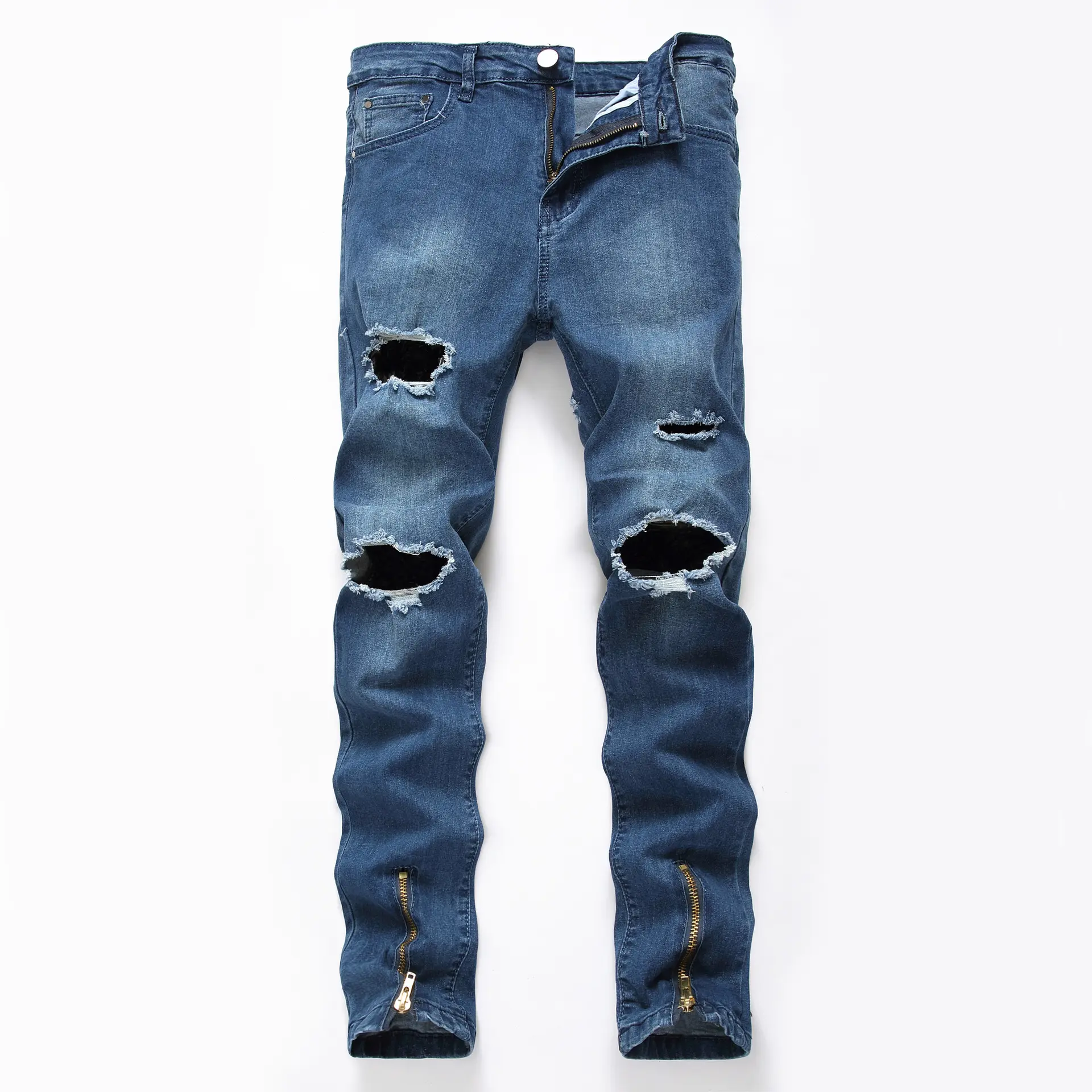 Custom Mannen Jeans Blauw Wassen Ripped Ontwerp Rits Enkel Stretchy Jeans Elastische Skinny Broek Voor Mannen