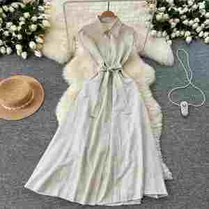 Robe Tunique d'Été Rayée en Tissu Respirant, Coupe Slim, Style Chemise Midi pour Femme, Robe Empire Sans Manches en Dentelle - Product Image 2