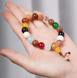 Retro Chinese Jewelry Natural Stone Bodhi Seed Beaded Bracelet Buddhist Colorful Agate Prayer Beads Bracelets Wholesale