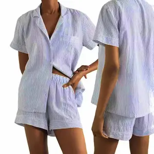 Mode Elegante Zomer Korte Pyjama Voor Pyjama Vrouwen Linnen Streep Pyjama Linnen Set Dames