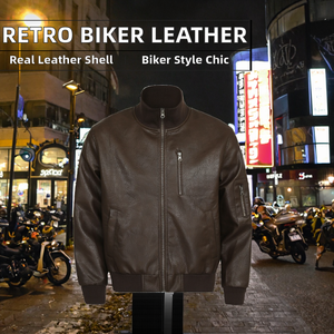 Blouson d'hiver pour homme en cuir véritable, style motard rétro américain haut de gamme, col montant, logo brodé sur le devant, coupe ample unie - Product Image 2