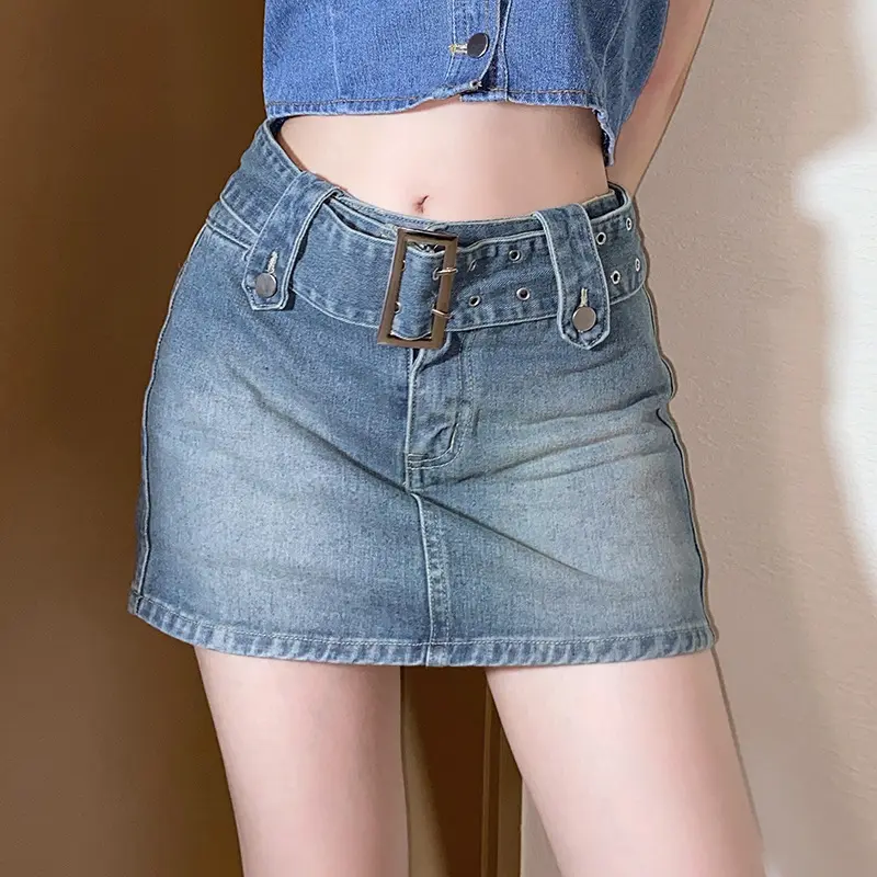 Saia jeans feminina cintura larga, vestido curto para mulheres, estilo universitário