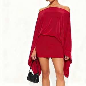 Conjunto de 2 Piezas Casual de Moda para Mujer: Top de Manga Larga con Hombros Caídos y Minifalda Ajustada, Novedad de Otoño - Product Image 1