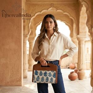 Sac pour ordinateur portable en coton imprimé indigo, sac fourre-tout de bureau structuré avec poignée en cuir, vente en gros, fournisseur d'exportation Inde - Product Image 3