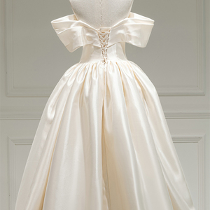 Marfil satén sin tirantes <span class=keywords><strong>una</strong></span> línea vestido de novia manga casquillo con flor vestido de novia RL291 - Product Image 5