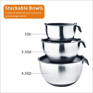 Set di Ciotole <span class=keywords><strong>Fungho</strong></span> in Acciaio Inossidabile con Base in Silicone, Manico Antiscivolo, Beccuccio e Coperchio in PE - Ecologico, per Cucinare e Lavabile in Lavastoviglie - Product Image 2
