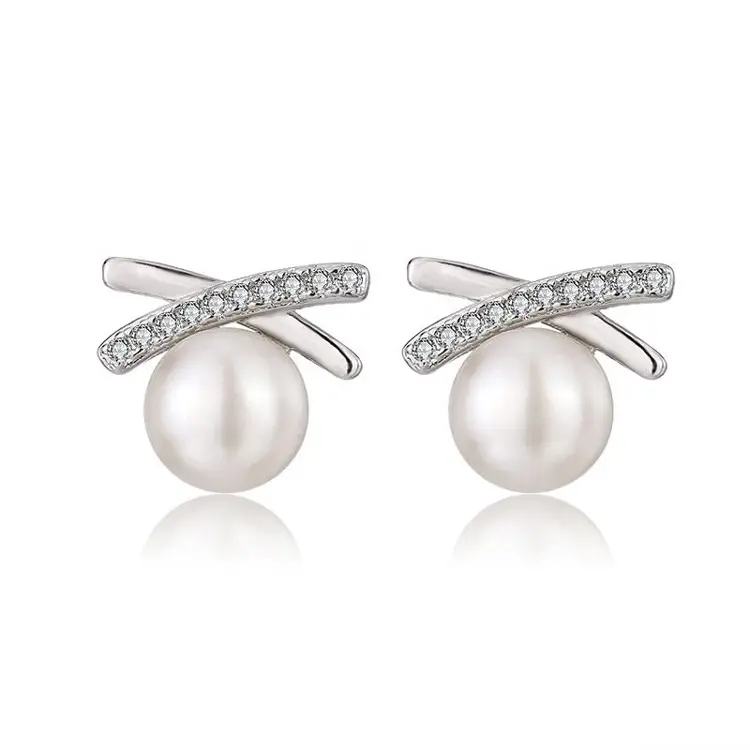 Fashion fine jewelry ladies 925 silver zircon geometric statement women freshwater pearl earrings jewellery