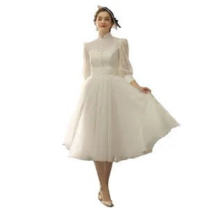 1238# Audrey Hepburn VINTAGE SIMPLE CHIC Wedding Gown Stand collar Chiffon Tea Length Lawn New Arrival Bridal Gown Women Dress