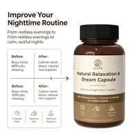Capsules de Sommeil pour Adultes Natural Relaxation & Dream Capsule, Vegan, Sans Gluten, Soulagent le Stress, Améliorent le Sommeil, Compléments Alimentaires à Base de Plantes