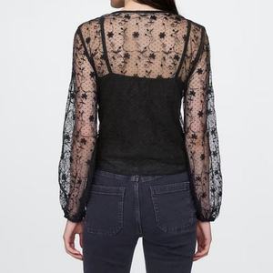 2025 New Wholesale <b>Black</b> Long Sleeve <b>Crochet</b> Slim Fit Elegant Western Women Sheer Mesh <b>Tops</b> - Product Image 2