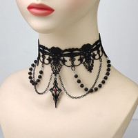 [Gorgeousxx] Collier ras du cou en dentelle avec pendentif croix gothique pour femme, bijoux noirs pour Halloween