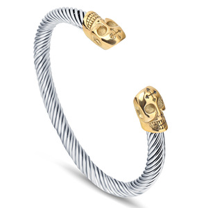 Bracelet manchette en fil d'acier inoxydable 6 mm, design crâne ouvert, style punk rétro, bijoux unisexe - Product Image 1