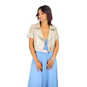 Veste pour femme dorée à manches courtes, fermeture éclair sur le devant, style court - Product Image 2