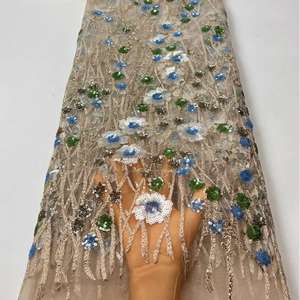 Ancho 125 cm piel flores brillantes lentejuelas bordado cuentas malla nigeriana tela pesada tul encaje tela para vestido de novia - Product Image 1