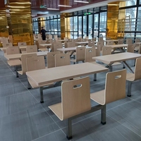 Table repas 4 places intégrée dossier sourire, plateau mélaminé cadre métallique pour cantine école usine restauration rapide
