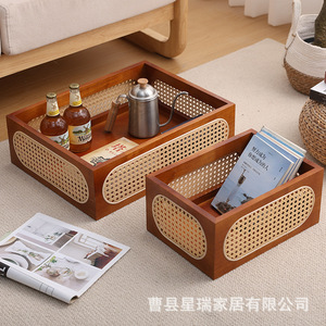 Solid Wood Rattan Storage Basket Rectangle Eco Friendly Desktop Organizer For Office Living Room Books Snacks - Product Image 5