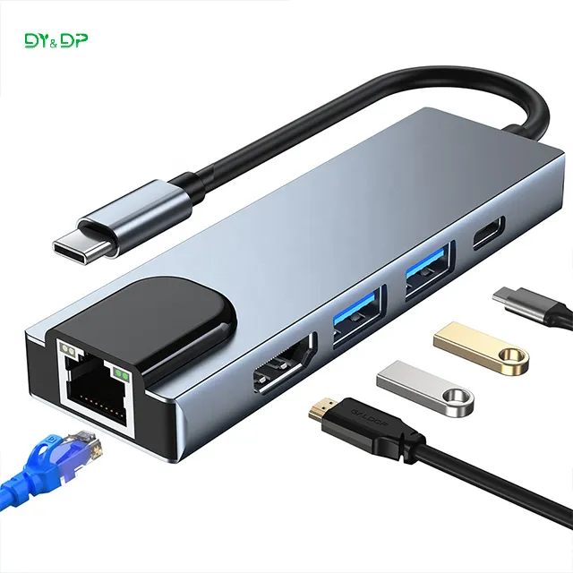 Custom logo male usb c ports to HDTV hd-mi female adaptor type c adapter 5 in 1 hub