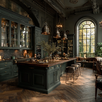 Armoires de cuisine personnalisées VSME vert foncé avec portes vitrées, îlot en bois, ensemble complet de meubles de luxe, évier, robinet et charnières